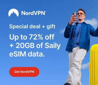 NordVPN Banner ad featuring a man in traveling clothes and luggage. The caption spells 'Special deal + gift Up to 72% off + 20GB of Saily eSim data.'