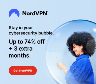 A woman inside a bubble with a blue shirt texting in her smartphone. The image reads: NordVPN Stay in your CyberSecurity Bubble Up to 74% off + 3 extra months.